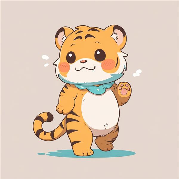 تصویر فانتزی ببر کوچک شالگردن آبی با ژست سلام و لبخند ملایم