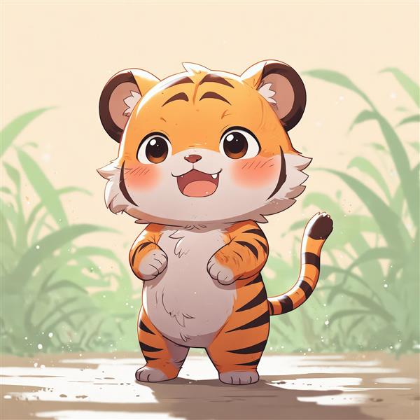 بچه‌ببر کارتونی خندان در میان علفزارهای بارانی، تصویر باکیفیت برای پوستر و تابلو طبیعت