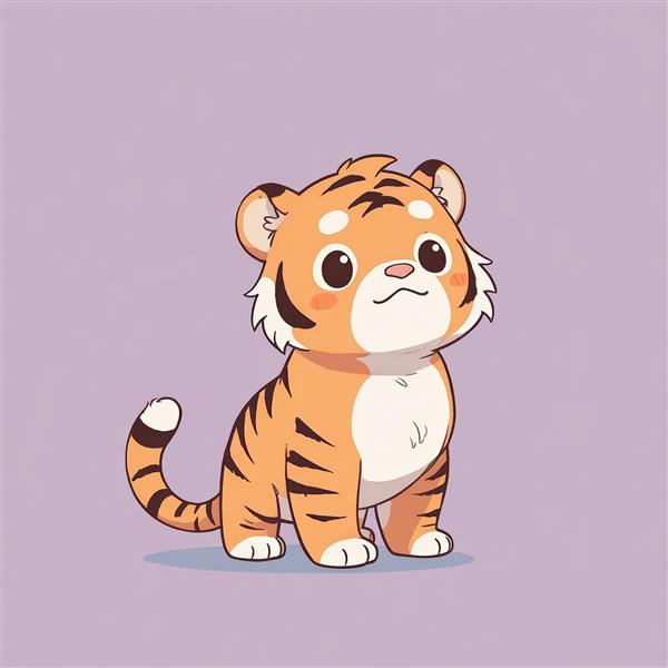 بچه‌ببر کارتونی در حال نشستن با پس‌زمینه بنفش ملایم، طرح مینیمال برای دکوراسیون کودکانه