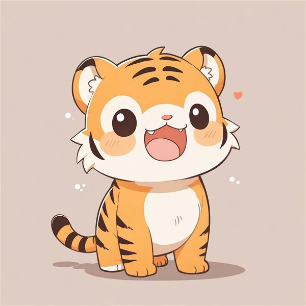 بچه‌ببر کارتونی خندان با دهان باز و قلب کوچک، طرح فانتزی برای پوستر و استیکر دیواری