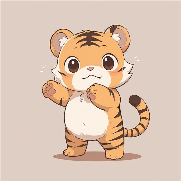 تصویر اورجینال بچه‌ببر کارتونی نشسته با گل‌های نارنجی، مناسب چاپ عریض و دکوراتیو