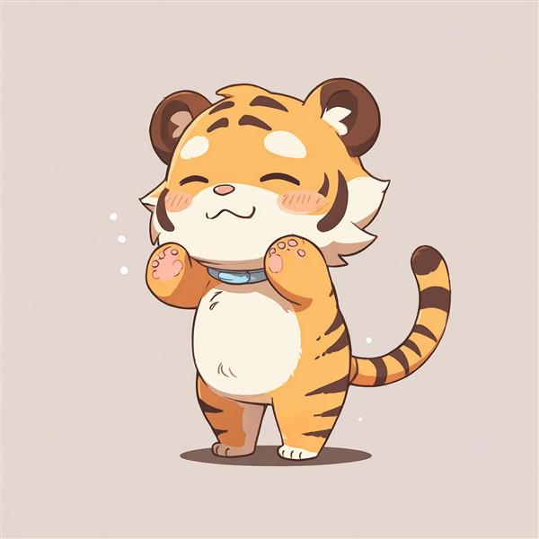 بچه‌ببر کارتونی با چشم‌های بسته و خنده از ته دل، تصویر باکیفیت با گردنبند آبی رنگ