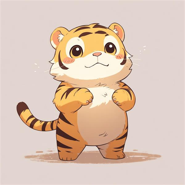 تصویر اورجینال بچه‌ببر کارتونی با دست‌های جمع شده روی شکم، طرح فانتزی برای چاپ عریض