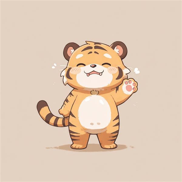 تصویر بچه‌ببر کارتونی خندان با دست بالا و گردنبند، مناسب چاپ روی تیشرت و محصولات چاپی