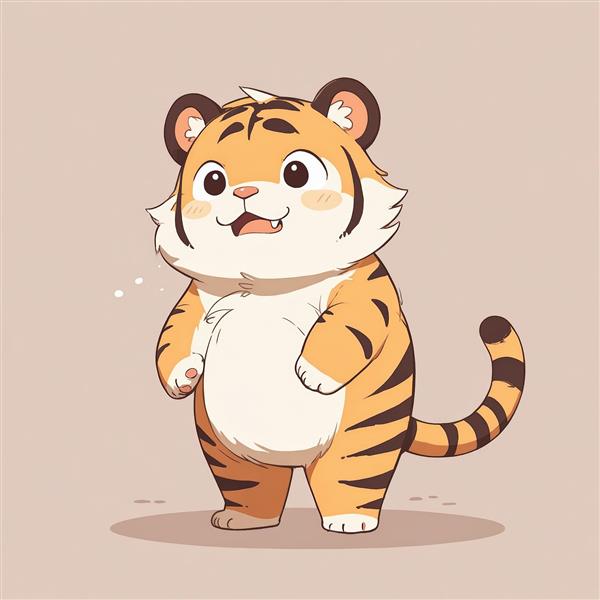 بچه‌ببر کارتونی خندان با دهان باز و گونه‌های سرخابی، تصویر باکیفیت برای چاپ روی بوم
