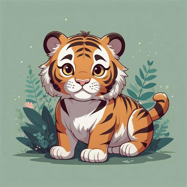 بچه ببر کارتونی نشسته در طبیعت با برگ‌های سرسبز، طرح جذاب برای چاپ روی کوسن و دکوراسیون