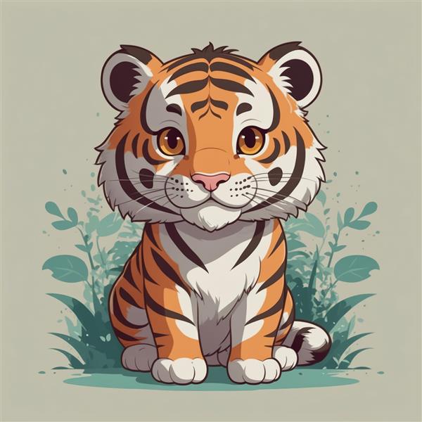 تصویر بچه‌ببر کارتونی در میان بوته‌های سبزآبی، طرح باکیفیت برای پوستر و تابلو هنری