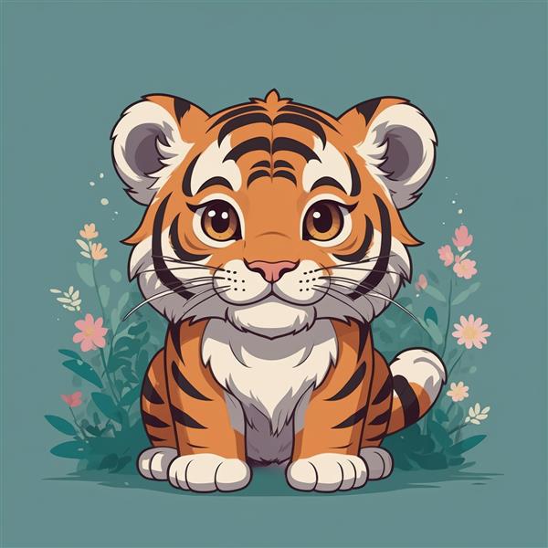 طرح گرافیکی بچه‌ببر با گل‌های صورتی، تصویر فانتزی و اورجینال برای محصولات چاپ و دکوراتیو