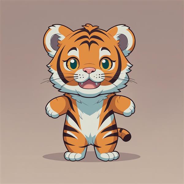 بچه ببر کارتونی ایستاده با دهان باز، تصویرسازی کیوت برای چاپ بوم و دکوراسیون فانتزی