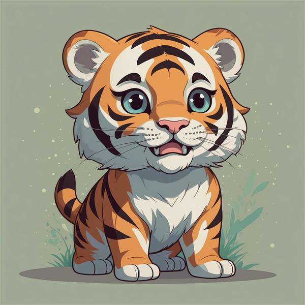 پوستر بچه‌ببر کارتونی خندان با چشمان آبی، طرح اورجینال برای اتاق کودک و استیکر دیواری