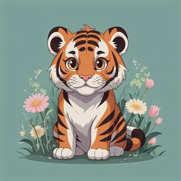 تصویر باکیفیت بچه‌ببر میان گل‌های بهاری، طرح فانتزی برای چاپ تابلو و محصولات دکوراتیو کودک