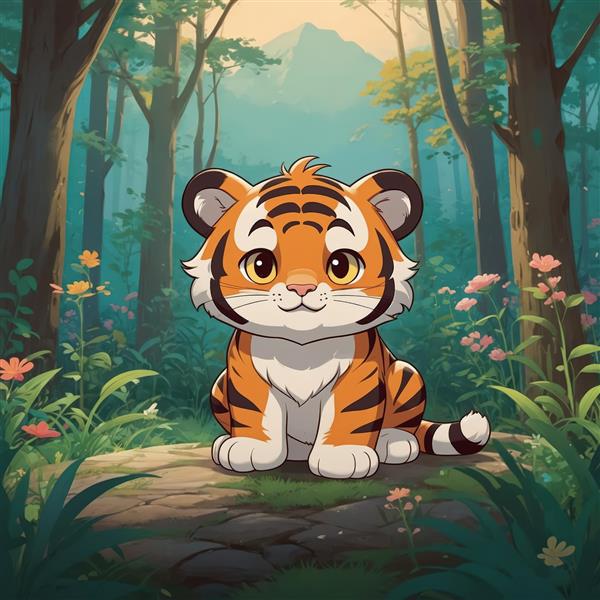 طرح اورجینال بچه‌ببر در جنگل سرسبز، تصویرسازی کارتونی مناسب چاپ عریض و دکوراسیون طبیعت