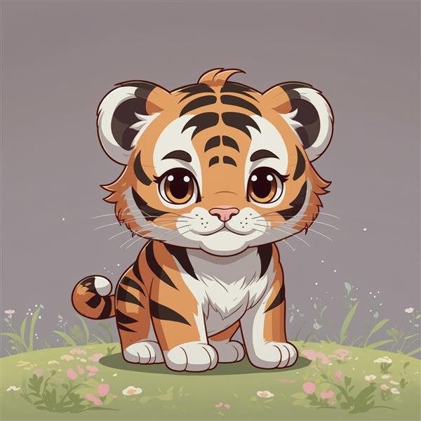 بچه ببر کارتونی بامزه در دشت گل، تصویر باکیفیت برای پوستر و تابلو اتاق کودک و مهدکودک