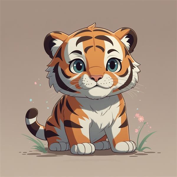 بچه ببر فانتزی با چشم‌های آبی و پس‌زمینه قهوه‌ای روشن، تصویر باکیفیت برای محصولات چاپ و دکور