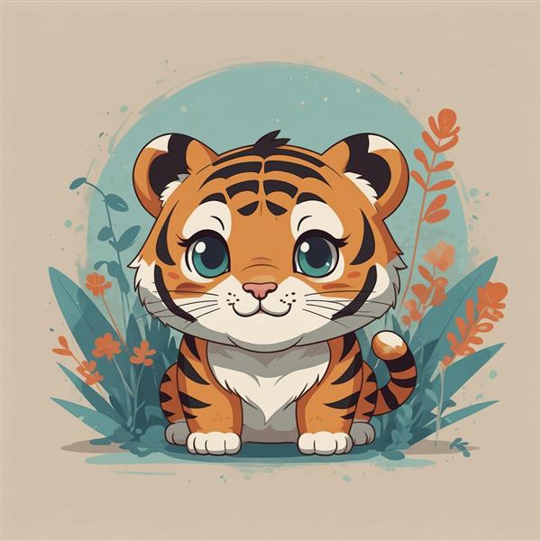 بچه ببر کارتونی در طبیعت فانتزی با برگ‌ها و گیاهان رنگی، طرح پوستر اتاق کودک و مهدکودک