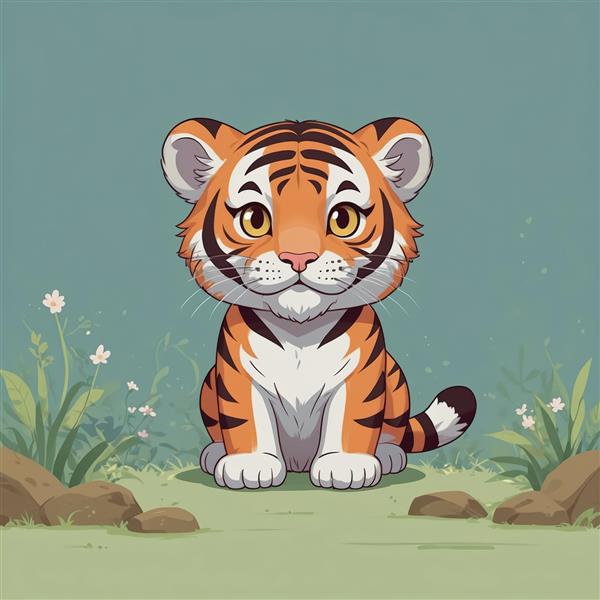 تابلوی بچه ببر کیوت در طبیعت با گل‌های سفید، طرح انیمیشنی برای اتاق خواب و مهد کودک