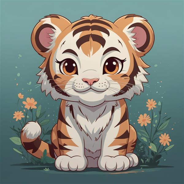 تصویر باکیفیت بچه ببر کارتونی در میان گل‌ها، طرح جذاب برای چاپ روی بوم و محصولات دکوراسیون