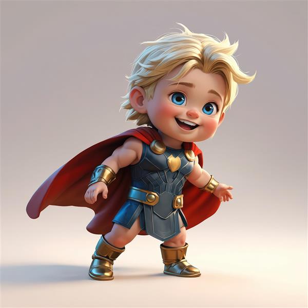 کودک ثور با شنل در حال حرکت، موهای طلایی و چکمه‌های طلایی