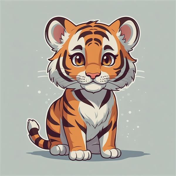 تصویر پرتره ببر کوچک کارتونی با پس‌زمینه خاکستری روشن و برفک