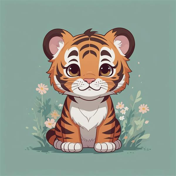 عکس ببر کارتونی کوچک در حال نشستن در میان گل‌های صورتی