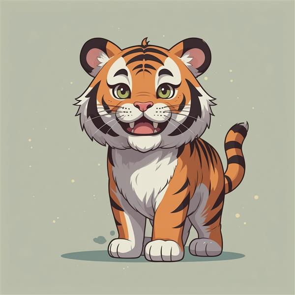 تصویر کودکانه ببر خندان در حال ایستادن با پس‌زمینه ساده خاکستری