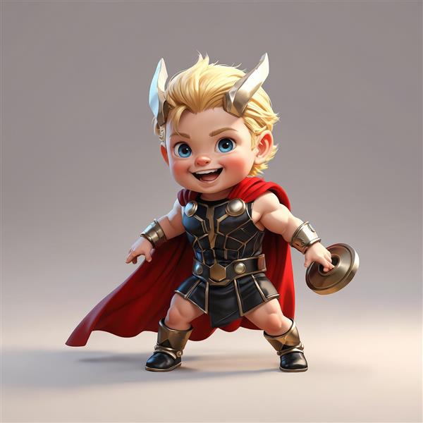 تصویر کودک ثور با کلاه بالدار نقره‌ای و دیسک طلایی (سپر) در دست