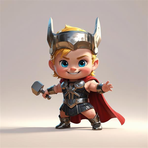 عکس پرتره کودک ثور با کلاه نقره‌ای شاخدار، چکش در دست و زره استیل