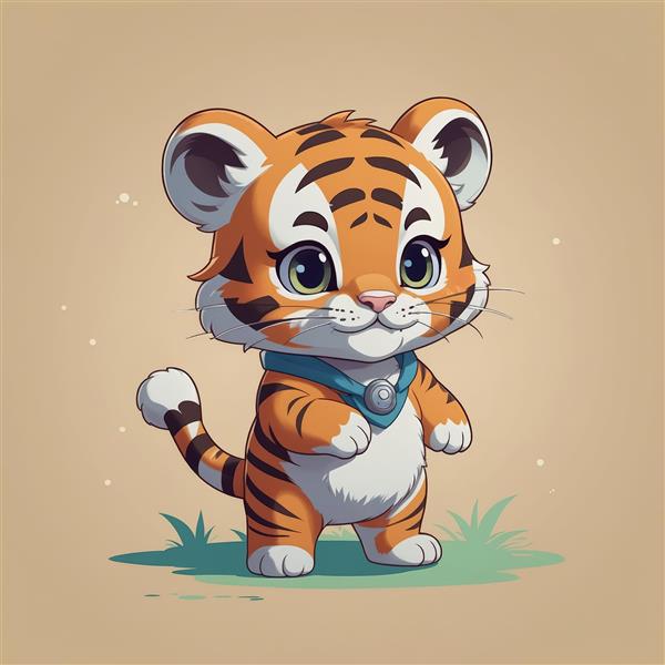 تصویر کارتونی ببر کوچک و بامزه با گردنبند آبی روی چمن