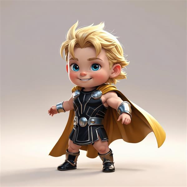 تصویر کودک ابرقهرمان ثور با شنل طلایی و موهای بلوند در پس‌زمینه روشن