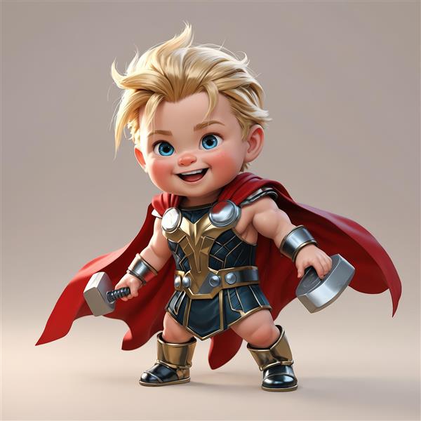 عکس جذاب کودک ثور با دو چکش فلزی در دست، شنل قرمز و موهای آشفته