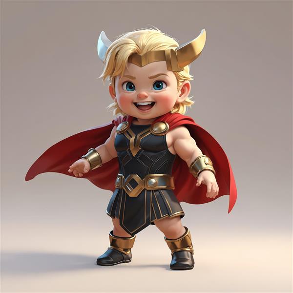 تصویر فانتزی کودک در لباس ثور با کلاه طلایی و زره تیره براق