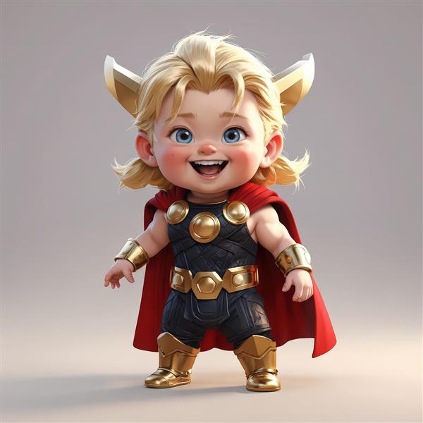 کودک بامزه در نقش ثور با کلاه بالدار، موهای طلایی و لبخند شاد