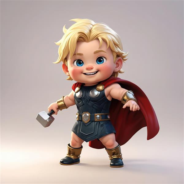 تصویر کودک ثور با زره آبی تیره و چکش کوچک، آماده برای نبرد