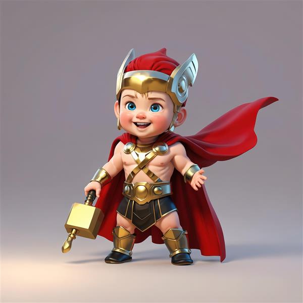 عکس تبلیغاتی کودک ثور با کلاه بالدار قرمز و چکش طلایی در دست