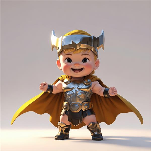 کودک بامزه ثور با زره نقره‌ای، کلاه بالدار و شنل طلایی در حالت قدرت
