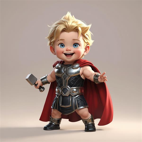 تصویر فانتزی کودک ثور با چکش فلزی در دست و زره استیل تیره