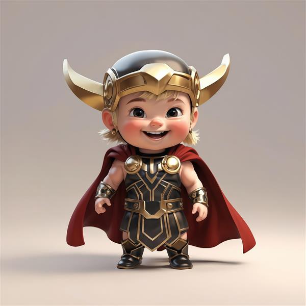 عکس پرتره کودک ثور با کلاه شاخدار مشکی و زره مشکی طلایی با شنل قرمز