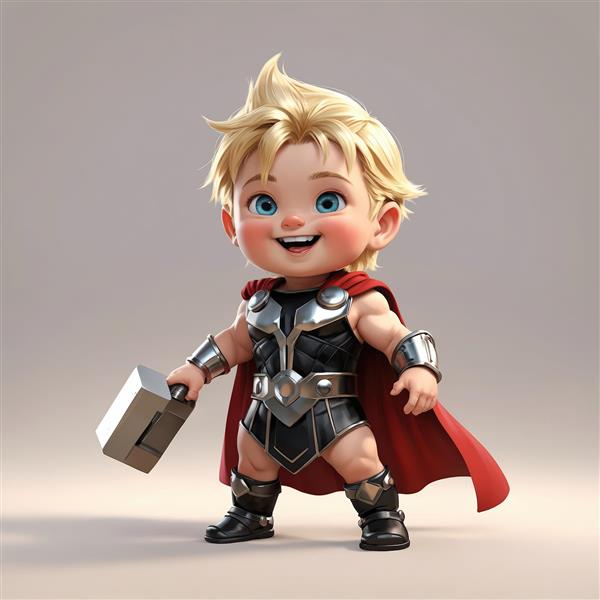 کودک ثور با موهای بلوند، زره نقره‌ای و چکش مکعبی در پس‌زمینه ساده