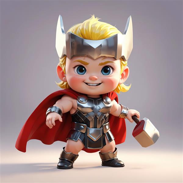 تصویر باکیفیت کودک ثور با کلاه نقره‌ای، زره تیره و چکش مینیاتوری
