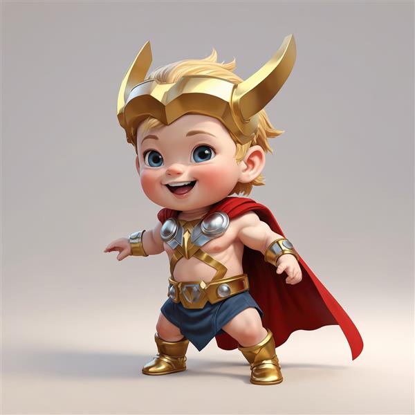 عکس جذاب کودک ثور با کلاه طلایی شاخدار و شورت آبی در حال ایستادن