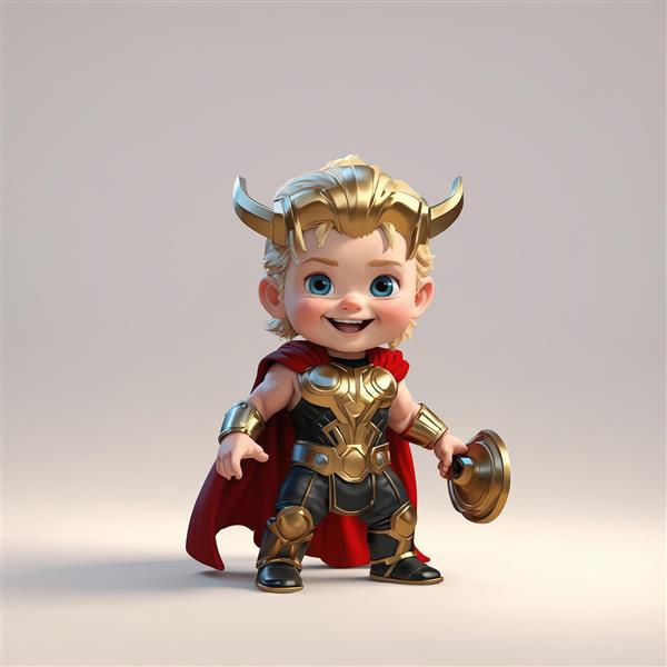 تصویر کارتونی کودک در لباس ثور با کلاه شاخدار طلایی و سپر مینیاتوری