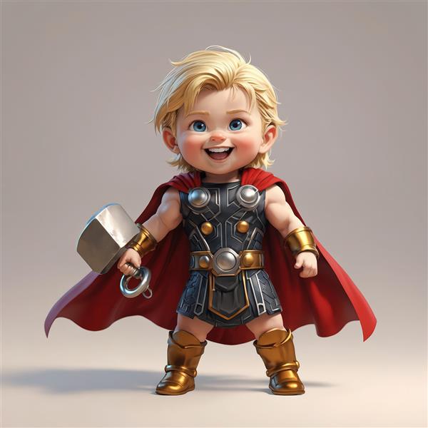تصویر کارتونی کودک در لباس ثور با چکش و زره مشکی طلایی