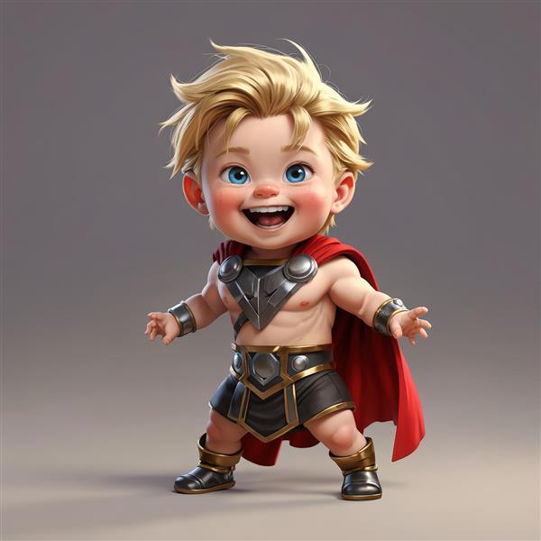 عکس بامزه کودک شبیه ثور با زره، شنل قرمز و موهای بلوند