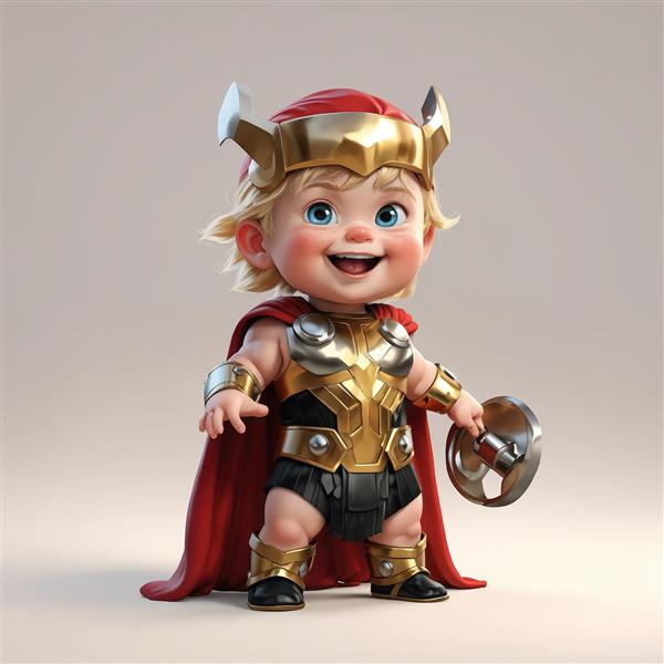 تصویر فانتزی کودک در لباس ثور با کلاه طلایی و چکش