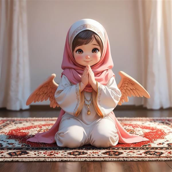 تصویر باکیفیت کودک با لباس سفید و حجاب صورتی، در جشن تکلیف