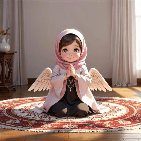 کودک با حجاب صورتی و بال‌های کوچک در حال دعادر جشن تکلیف