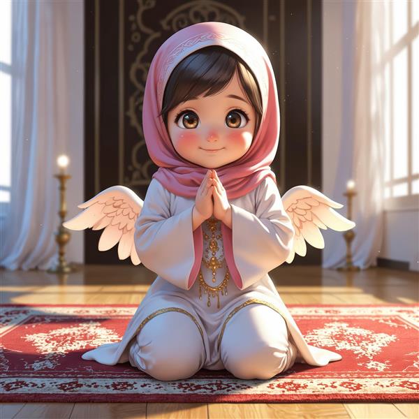 عکس معنوی کودک فرشته‌نما با حجاب صورتی روی سجاده در دکور مذهبی