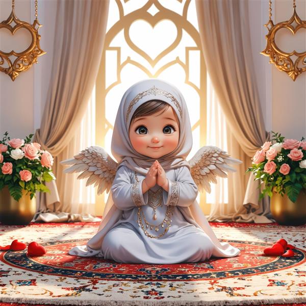 فرشته کوچک با حجاب خاکستری، گل رز و پنجره‌ای در جشن تکلیف