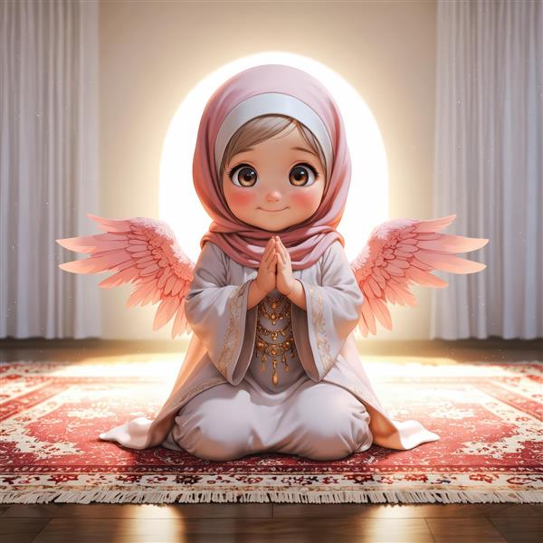 تصویر کودک مسلمان با بال صورتی و هاله نور در جشن تکلیف