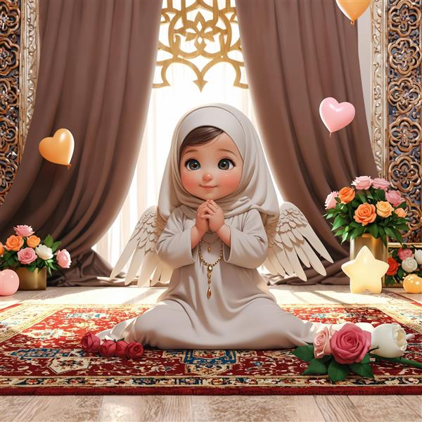 عکس باکیفیت کودک با حجاب و بال، در دکور جشن تکلیف با رز و ستاره
